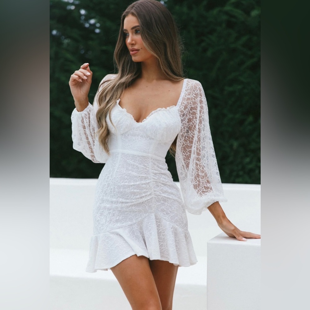 HALLEY BALLOON SLEEVE FRILL BUST FLOUNCE HEM LACE DRESS WHITE - Selfie Leslie